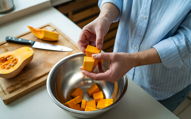 Person adding chopped butternut squash to a metal bowl for cooking