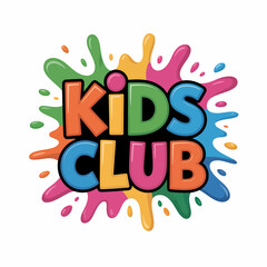 Kids club colorful cartoon logo, vibrant paint splatters. playful!