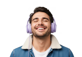 Joyful man with eyes closed wearing purple headphones and a denim jacket against a stark black background experiencing pure musical bliss