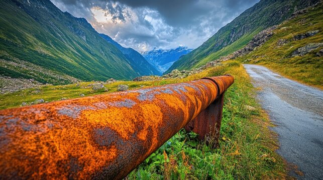 A heavily rusted industrial pipeline stretches across a vibrant green mountain valley under a dramatic cloudy sky