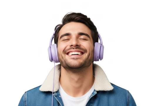 Joyful man with eyes closed wearing purple headphones and a denim jacket against a stark black background experiencing pure musical bliss - Powered by Adobe