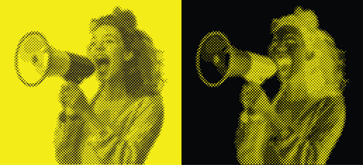 Halftone Illustration of Happy Young Woman Screaming into the Megaphone on Yellow and Black Background. Retro Set. Vector Vintage Poster.