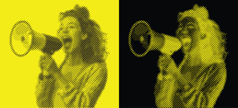 Halftone Illustration of Happy Young Woman Screaming into the Megaphone on Yellow and Black Background. Retro Set. Vector Vintage Poster.