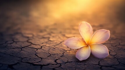 A single delicate wilted flower rests upon cracked dry earth under warm golden sunlight