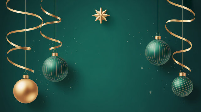 Elegant gold ribbons and festive Christmas ornaments elegantly suspended against a deep emerald background with subtle glittering accents for a luxurious holiday celebration - Powered by Adobe