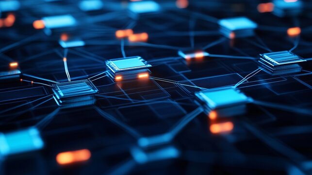 Advanced computing network illuminated in blue and orange glows, representing the future of technology and digital connectivity, complex system design