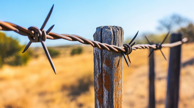 Barbed wire fence on wooden posts against a blurred background - Powered by Adobe