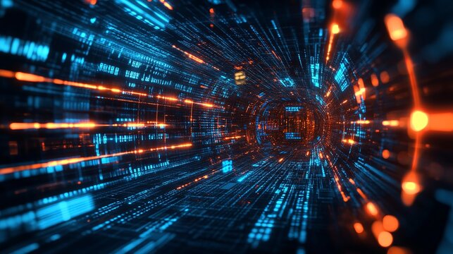 Immerse yourself in a vibrant data stream with this stunning tech tunnel, visualizing the future of digital innovation with dynamic energy