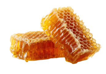 Two pieces of honeycombs, golden-brown, with dripping honey