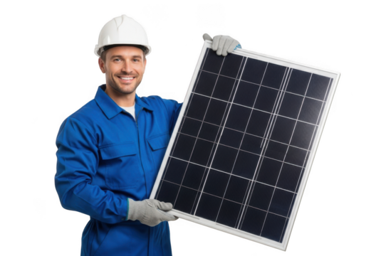Smiling construction worker in blue overalls and white hard hat proudly displays a solar panel against a black background