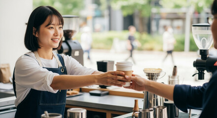 Smiling asian barista handing a takeaway coffee cup to a customer. Friendly woman providing service at an outdoor cafe counter. Small business and coffee culture