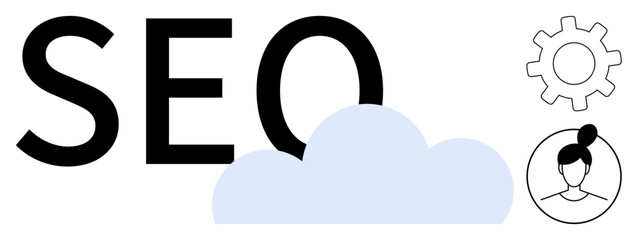 Large SEO text with cloud, gear, and user avatar elements promoting digital marketing, automation, optimization, and analytics. Ideal for strategy, technology, networking management innovation