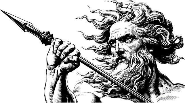 Powerful mythological male figure with flowing hair and beard, holding a spear, ancient engraving style illustration, vintage.