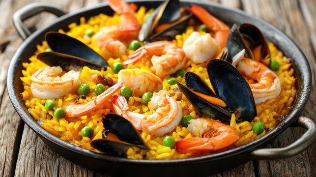 Close up image of Spanish Paella with seafood and saffron rice