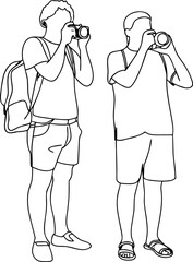 Line art of tourists taking photographs outdoors