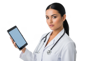 Professional female doctor wearing a white coat and stethoscope holds a tablet computer with a blank screen looking directly at the camera with a serious expression