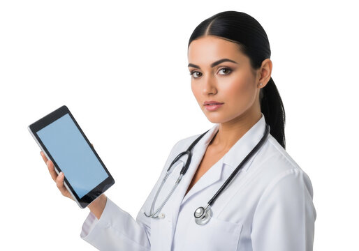 Professional female doctor wearing a white coat and stethoscope holds a tablet computer with a blank screen looking directly at the camera with a serious expression