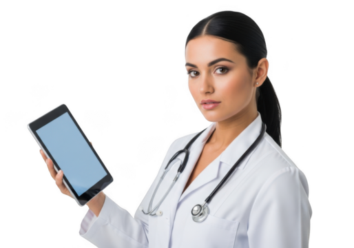 Professional female doctor wearing a white coat and stethoscope holds a tablet computer with a blank screen looking directly at the camera with a serious expression
