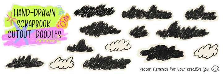 Hand-drawn scrapbook cutout doodles, cloud shapes on off-white paper, crayon and charcoal texture, playful collage style. Crayon and charcoal texture on soft paper edges, vector illustration
