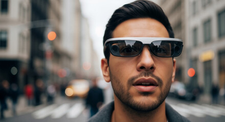 A young man wearing futuristic augmented reality smart glasses in the city. Close-up portrait with a wearable tech device on a busy street. Future of technology and innovation concept
