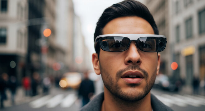 A young man wearing futuristic augmented reality smart glasses in the city. Close-up portrait with a wearable tech device on a busy street. Future of technology and innovation concept - Powered by Adobe