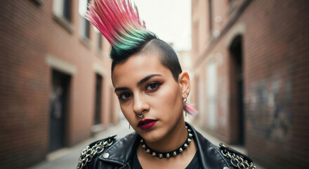 Portrait of a confident young punk woman with a colorful mohawk. Edgy girl with piercings and a leather jacket in an urban alleyway looking at the camera