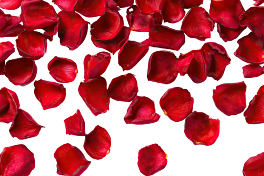 Red rose petals scattered on black background