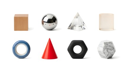 Collection of eight different geometric shapes and objects on a white background