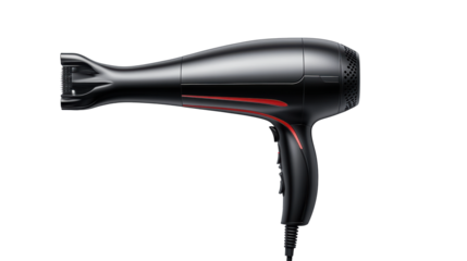 Sleek Black Hair Dryer with Red Accent on Transparent Background