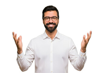 A smiling man with a beard and glasses wearing a white shirt with his arms raised in a gesture of welcome or excitement against a black background