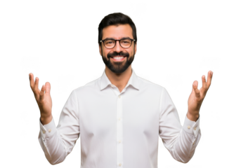 A smiling man with a beard and glasses wearing a white shirt with his arms raised in a gesture of welcome or excitement against a black background