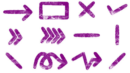 A collection of hand-drawn purple grunge style arrows and symbols isolated on a white background.
