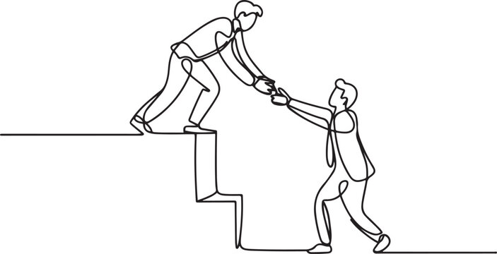 Single continuous line drawing of young happy businessman help to pull out his colleague from failure and rising again.one line icon with with white background