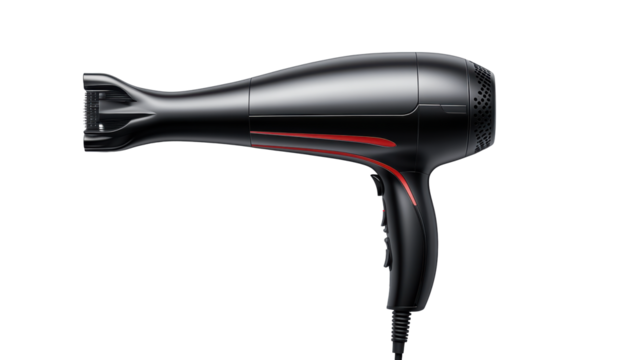 Sleek Black Hair Dryer with Red Accent on Transparent Background