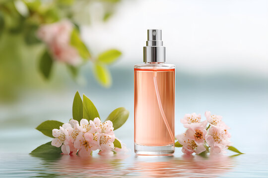 Elegant perfume bottle with blossoming spring flowers reflecting on water, capture the essence of beauty and fresh scent for your next fragrance campaign
