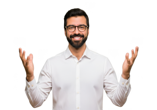 A smiling man with a beard and glasses wearing a white shirt with his arms raised in a gesture of welcome or excitement against a black background - Powered by Adobe