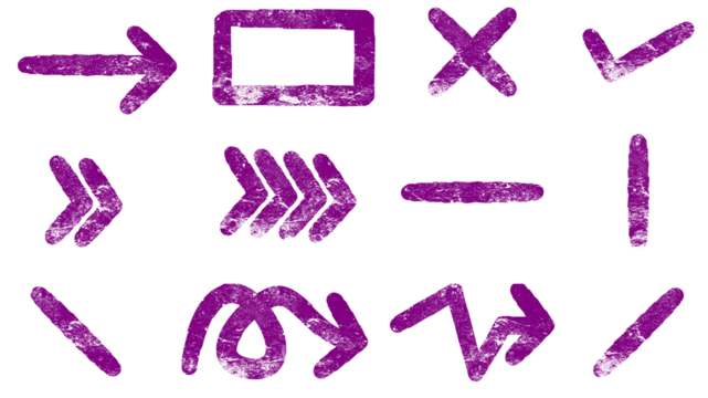A collection of hand-drawn purple grunge style arrows and symbols isolated on a white background.