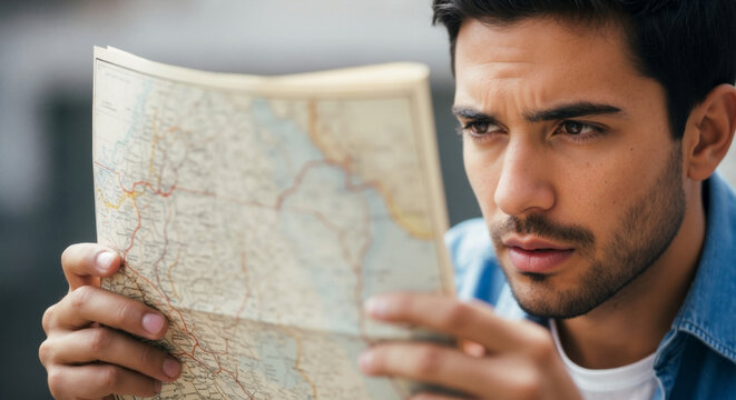 A focused young man looking at a paper map to find directions. Close-up portrait of a lost tourist navigating a journey. Travel and exploration concept - Powered by Adobe