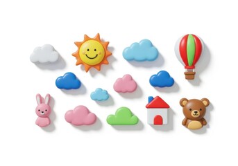 3d illustration of cheerful assortment of toy icons isolated on white background