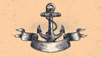 Vintage hand-drawn anchor with blank banner and rope, etched style nautical marine symbol on textured background