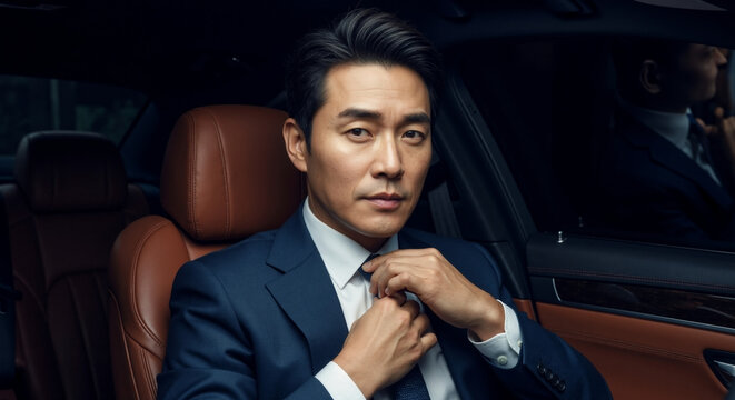 Waist up portrait of a rich asian man adjusting his tie in a luxury car. Successful businessman looking at the camera with a confident expression - Powered by Adobe