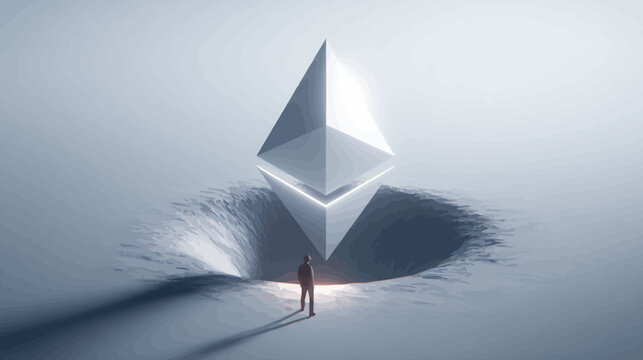 Futuristic digital asset concept with glowing geometric symbol emerging from a crater, observed by a small person, representing blockchain technology and innovation.