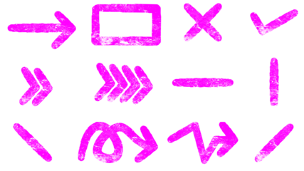 A set of hand-drawn pink grunge arrows and symbols, including checkmarks, crosses, and shapes, isolated on a white background.