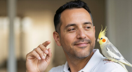 A smiling middle-aged man with a pet cockatiel on his shoulder. Close-up portrait of a happy owner and his bird. Human-animal bond and companionship concept