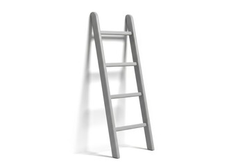 3d illustration of gray wooden ladder leaning against a white wall isolated on white background