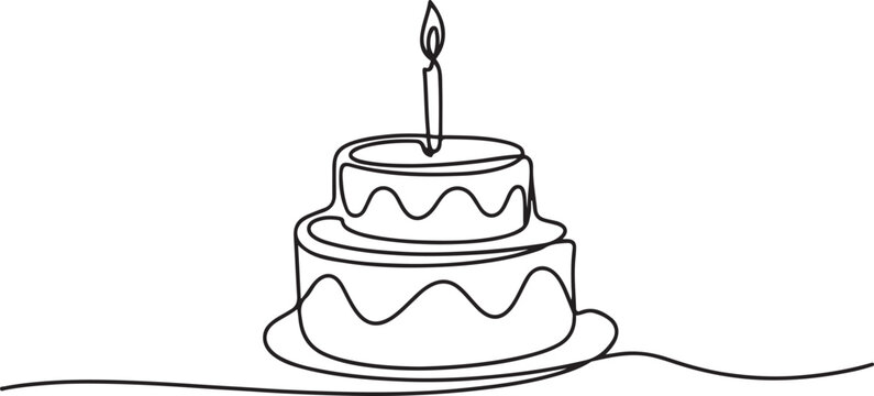 Birthday cake in continuous line art drawing style. Traditional birthday cake with candle on the top minimalist black linear sketch isolated.one line icon with with white background