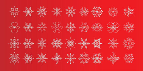 Collection of silver snowflake icons on a rich red gradient background featuring ornate geometric shapes for Christmas, winter, and holiday design