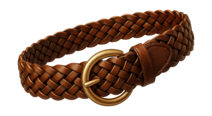 Braided brown leather belt featuring a round brass buckle.