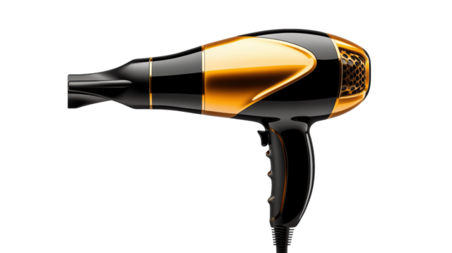 Stylish Hair Dryer with Orange Accent Design on Transparent Background