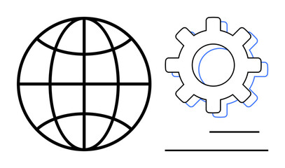 Globe and gear icon illustrate global communication, settings adjustment, technology, and problem-solving. Ideal for business, IT, globalization, digital networks, innovation teamwork simple flat